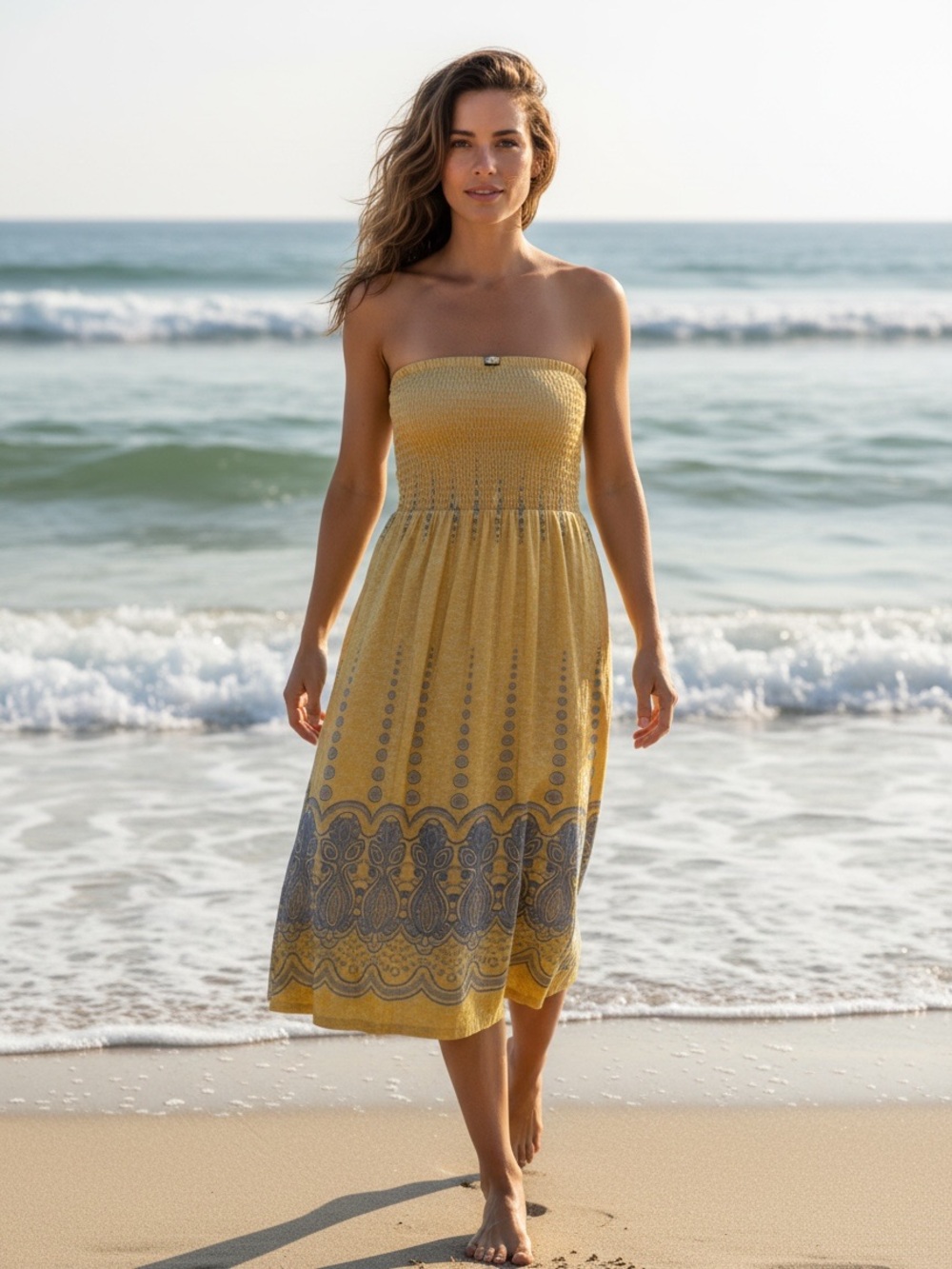 Lapis Green and Blue Midi A-Line dress with Smocked Design for Resort Wear